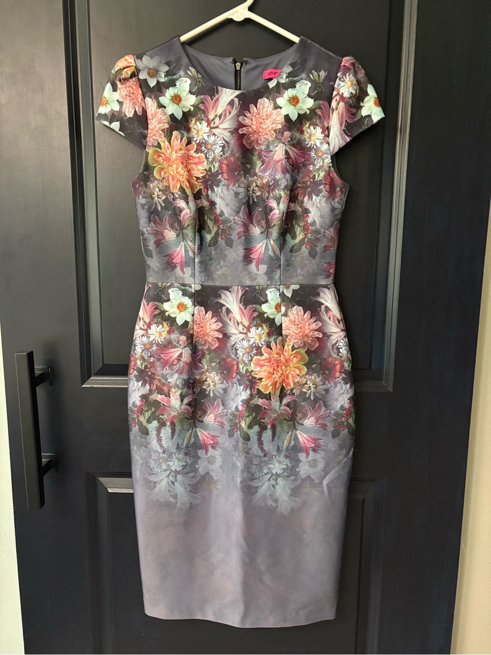 Betsey Johnson Gray Floral Sheath Dress with Multicolor Blooms